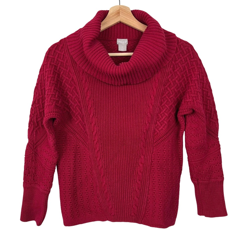 Chicos Red Cowl Neck Cable Knit Sweater Womens Size 0 (Small) Cotton‎ Blend Red